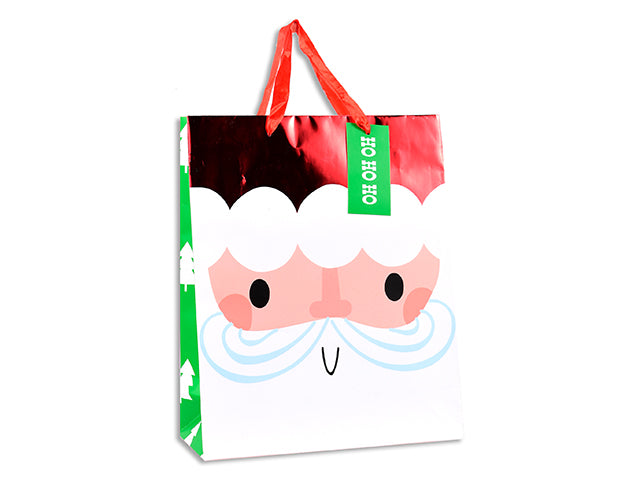 Xmas Matte w/Foil Hot Stamp Santa Face Gift Bag - Meidum. Satin Handle w/Tag. J-Hook.