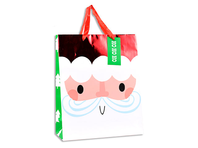 Xmas Matte w/Foil Hot Stamp Santa Face Gift Bag - Large. Satin Handle w/Tag. J-Hook.