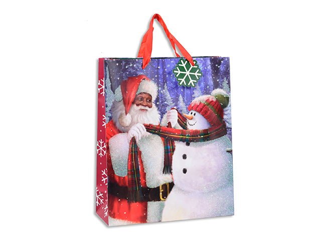 Xmas Matte w/ Iridescent Glitter Santa Gift Bag - Medium. Satin Handle w/Tag. J-Hook.