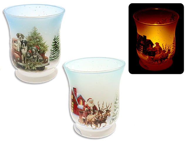 4.21in(H) x 3.54in(TD) Puppy / Santa on Sledge Clear Candle Glass Holder.