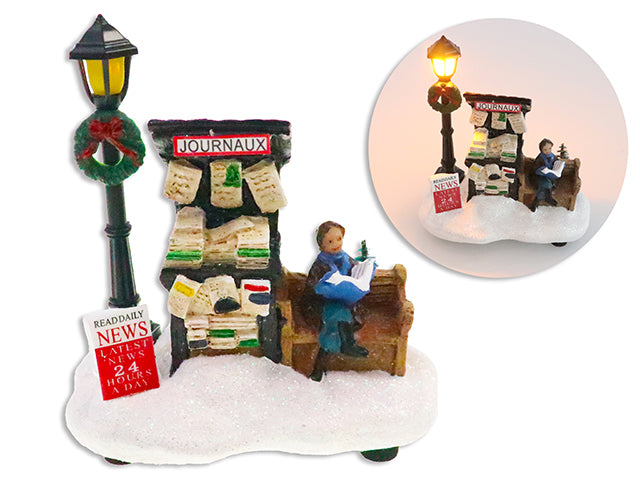 4.52in x 4.13in Xmas B/O 1-LED Glitter Polyresin Bookstore Kiosk Scene w/Tree+Lamp.White Box w/LBL.