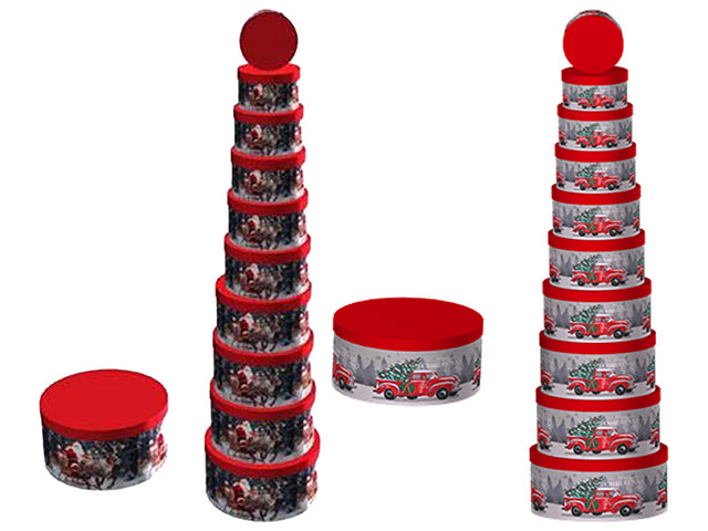 Set/10 Xmas Printed Round Gift Box. 10 Asst.Sizes. 2 Asst.Styles.