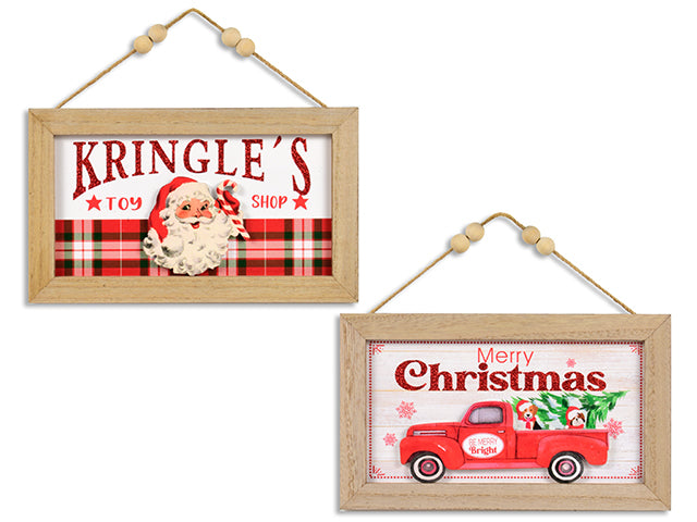 10 x6in Xmas Wooden Tip-On Glitter Hanging Vintage Frame w/ Beaded Hanger. 2 Asst.: Santa/Truck. Cht.