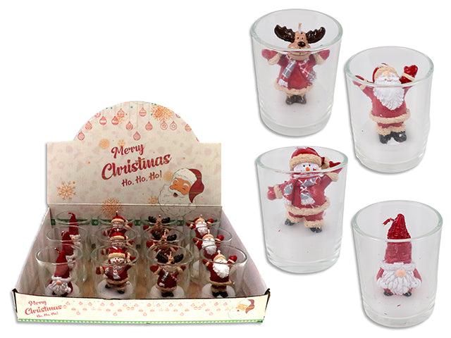 2-1/8(TD) x 2-5/8in(H) Xmas Characters Candle in Glass Holder in Dsp. 4 Asst.Styles. 12/Dsp.