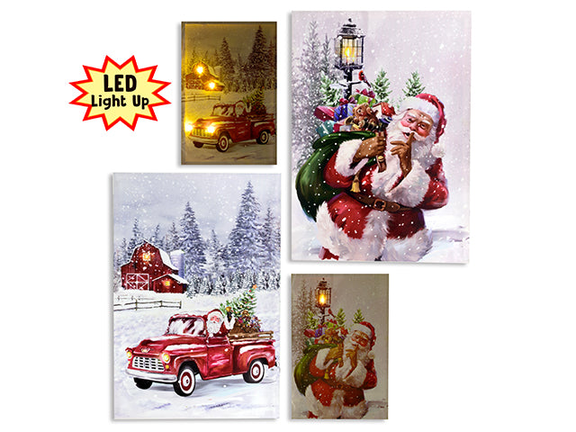 15-3/4in x 23-5/8in Xmas B/O LED Santa Scene Canvas Hanging Wall Art. 2 Asst.