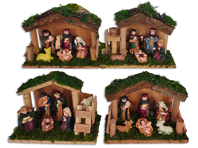 Xmas Wooden Polyresin Character Nativity Scene. 4 Asst: 5pcs/6pcs. 5-7/8(L)x4-3/8in(H)x2.5in(D).