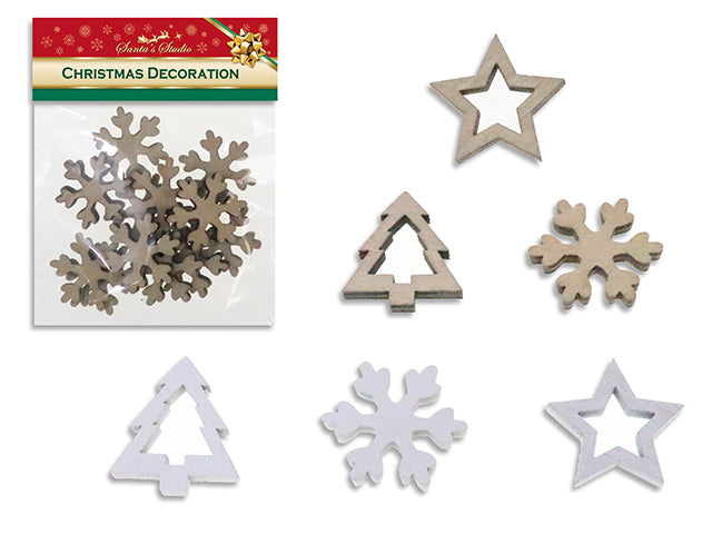 12pk Xmas Wooden Die-Cut Tree / Star / Snowflake Assortment .2 Asst.Colours. Pbh.