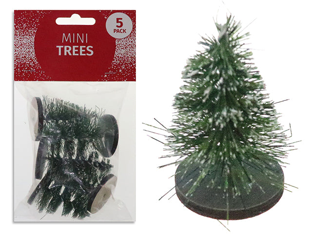 5pk 2-1/8in Xmas Snow Tipped Mini Bottle Brush Tree w/Wooden Base. Pbh.