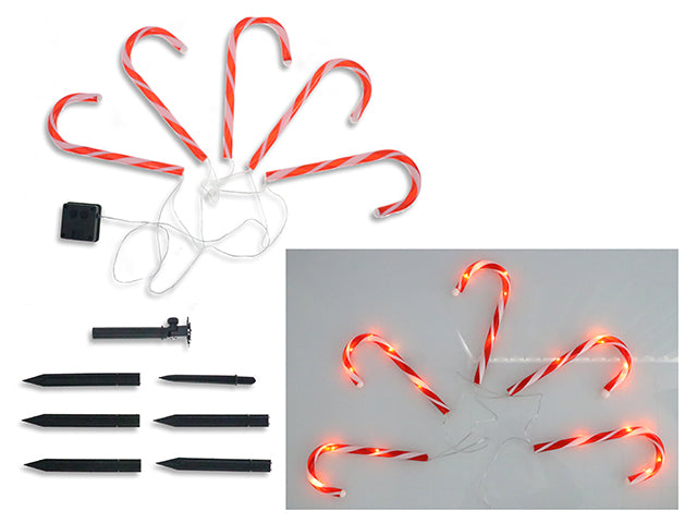 5pk 11.35ft 25LED Xmas Solar Candy Cane Outdoor Stringlights Stake. Warm White. Pbh.