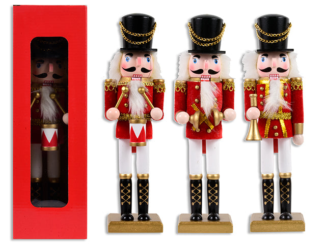 12in Xmas Wooden Nutcracker w/ Velvet Jacket. 3 Asst. Instruments. Wondow Box w/ UPC.