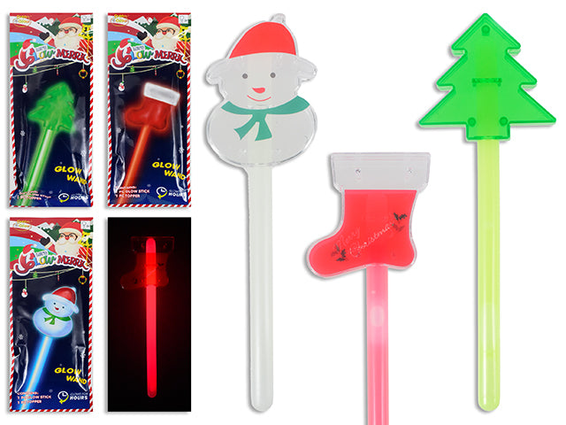 9in Xmas Glow Wand w/ Topper. Incl: 1-Topper / 1-8in GlowStick / 1-Connector. 3 Asst. Colour Box.