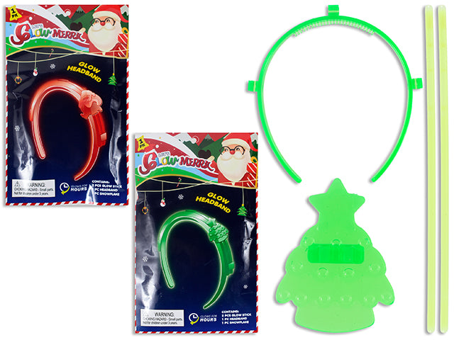 Xmas Glow Headband. Incl: 2-8in Glow Sticks / 1-Pendant / Headband. 2 Asst. Peggable Colour Box.