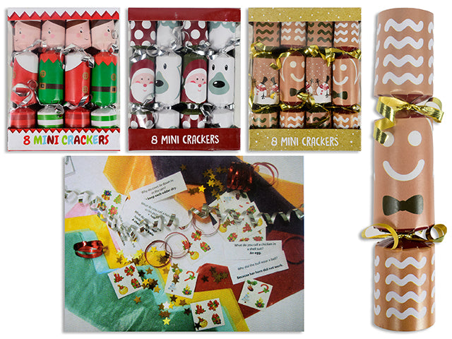 8ct 6in Xmas Mini Crackers. Cracker Contains: Stickers. 3 Asst. Colour Window Box.