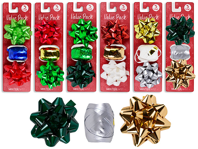 3pk Xmas Star Box w/Ribbon. Incl:2x 3in x 21 Loops Bow + 1x 32ft(L) x 1.2cm(W) Ribbon. 6 Asst. Toc.