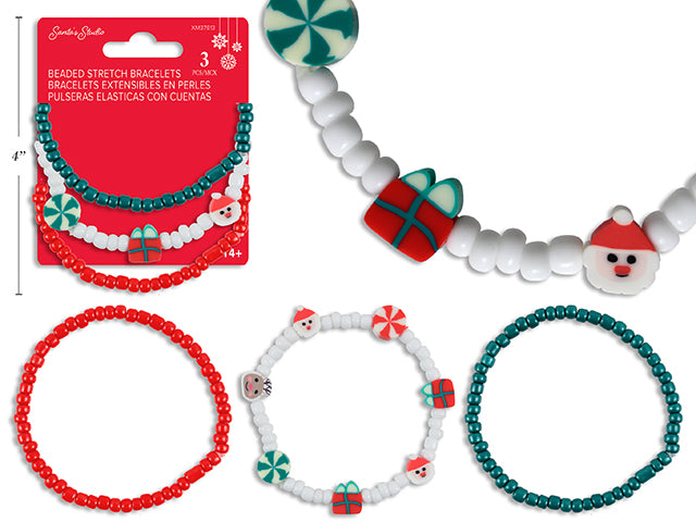 3pk Xmas Beaded Stretch Bracelets. Incl: 2pcs Solid Col+ 1 pc w/Clay Icon. Polybag w/Col.Insert.