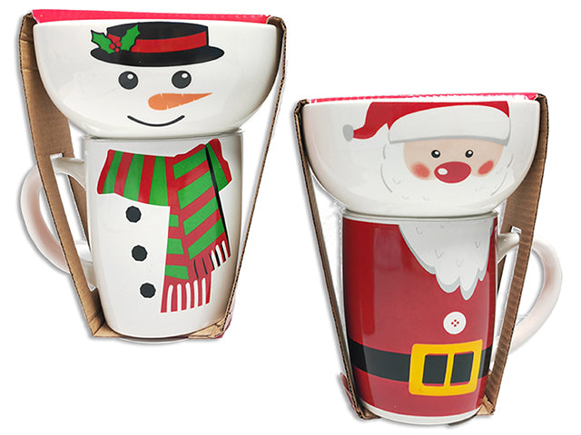 Set/2 Xmas Stoneware Mug and Bowl Set . Incl: 5.5in Bowl + 414ml (14oz) Mug. 2 Asst. Wrap Card