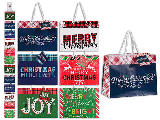 2pk Xmas Horizontal Gift Bag - Med. Incl: 1pc CMYK + 1pc Glitter/Foil. PP Handle. 12/Clip Strip. h/c.