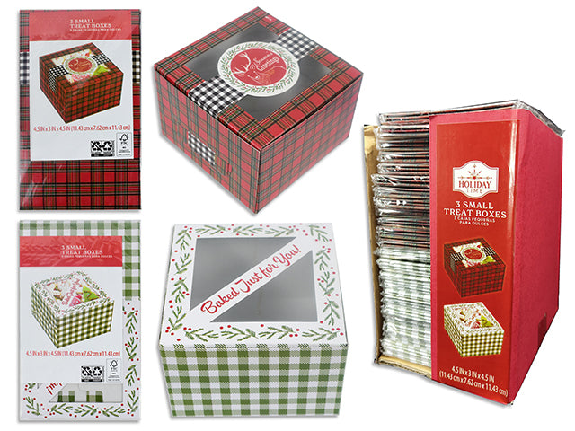 3pk Xmas Square Plaid Printed Treat Box. 2 Asst. 24pcs/Dsp. Polybag w/Insert.