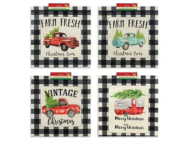 17.75in Xmas Printed Truck Buffalo Plaid Border Jute Cushion Cover. No Stuffing Incl. 4 Asst. h/c.