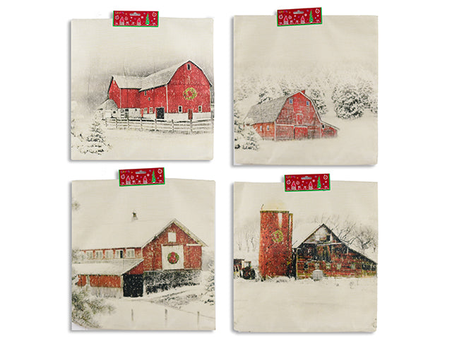 17.75in Xmas Printed Vintage Country Barn Jute Cushion Cover. No Stuffing Incl. 4 Asst. h/c.