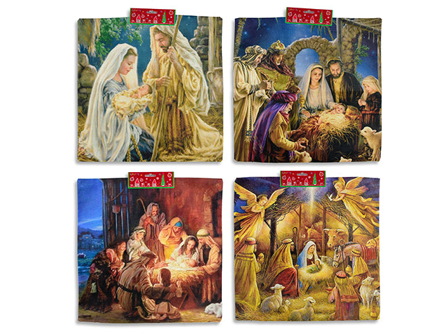 17.75in Xmas Printed Nativity Scene Jute Cushion Cover. No Stuffing Incl. 4 Asst. h/c.