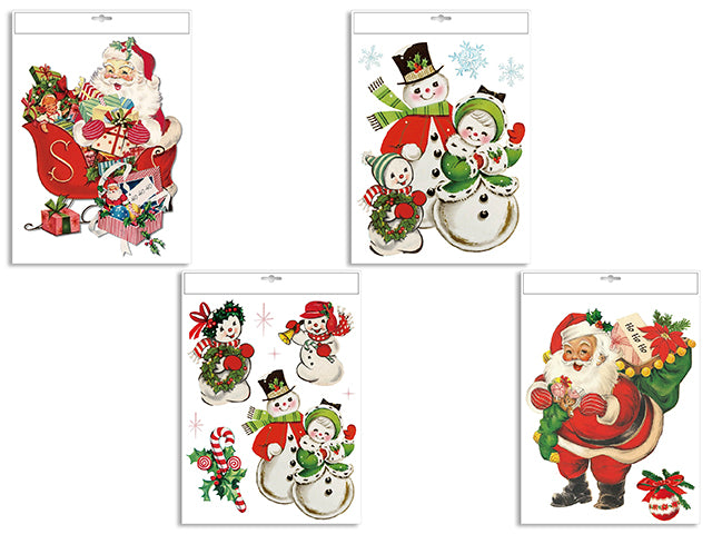 Xmas Vintage Snowman / Santa Window Clings. 4Asst. Polybag w/Insert.