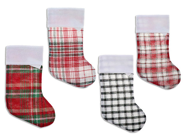 18.5in Xmas Plaid Burlap Stocking w/4in Plush Fold Over Cuff. 7.5in(W). 4 Asst. J-Hook w/Cht.