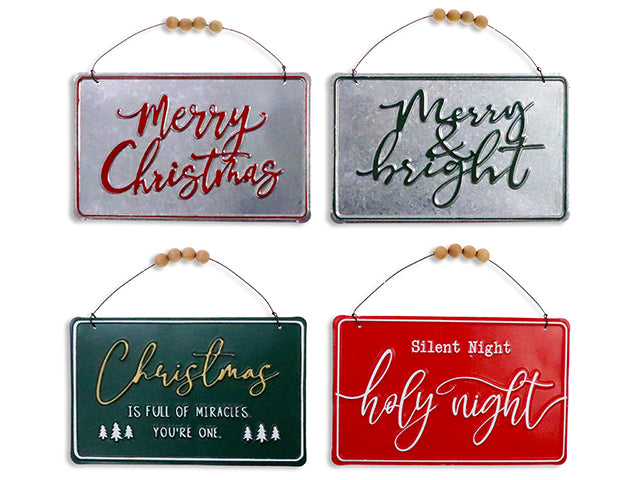 9.4in x 6in Xmas Galvanized / Solid Metal Embossed Hanging Plaque w/Beaded Wire Hanger. 4 Asst. Cht.