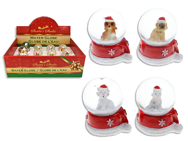 2.3in(H) Xmas Puppy / Kitty Water Globe w/Resin Santa Hat Base. 45mm Globe. 4 Asst. 12/Dsp.