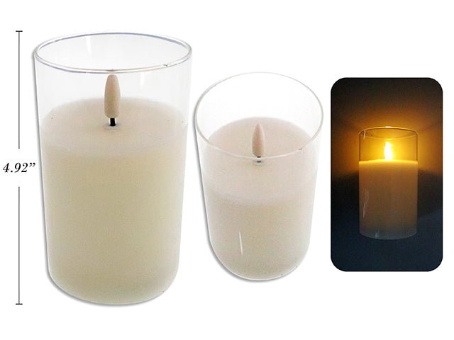 4.92in(H) x 2.95in(D) Xmas B/O LED Clear Glass Candle w/Bullet Flame. Colour Box.