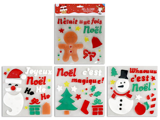 Xmas FRENCH Gel Window Cling Decoration. Sheet Size: 7.5in x 7.5in. 4 Asst.Styles. Pbh.