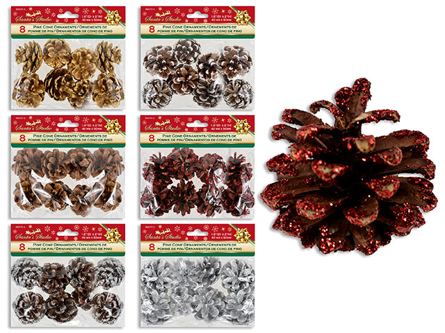 8pk 40mm(D) x 50mm(H) Pine Cone Ornament. 6 Asst.Styles. Pbh.