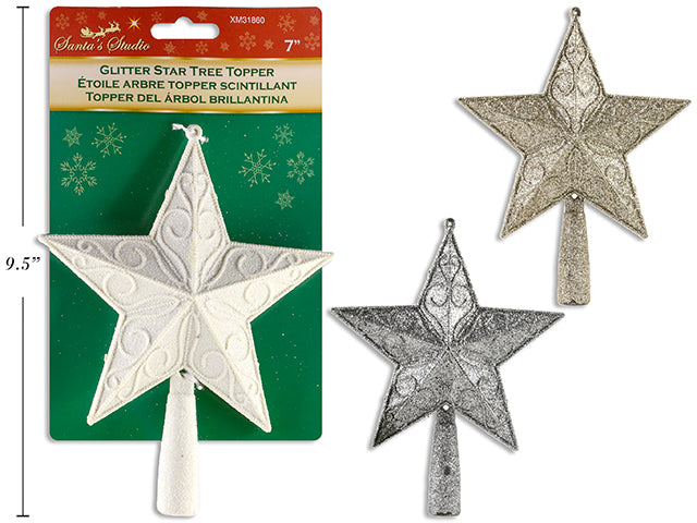 7in x 5-7/8in Xmas Full Glitter Embossed Star Tree Topper. 3 Cols:White / Gold / Silver. T.o.c.