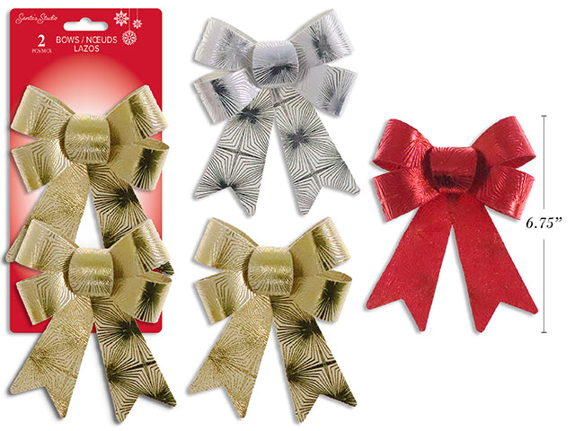 2pk 7.5in x 5.5in Xmas Shiny Jacquard PVC Bow. 3 Asst.: Gold / Red / Silver. T.o.c.