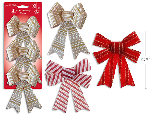 3pk 5-3/8in x 4in Xmas Stripped PVC Bow w/Glitter. 3 Asst.: Gold / Red / Candy Cane. T.o.c.