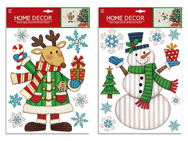 Xmas Metallic Reindeer / Snowman Plank Wall Decor Stickers. 2 Asst. Polybag w/Insert.