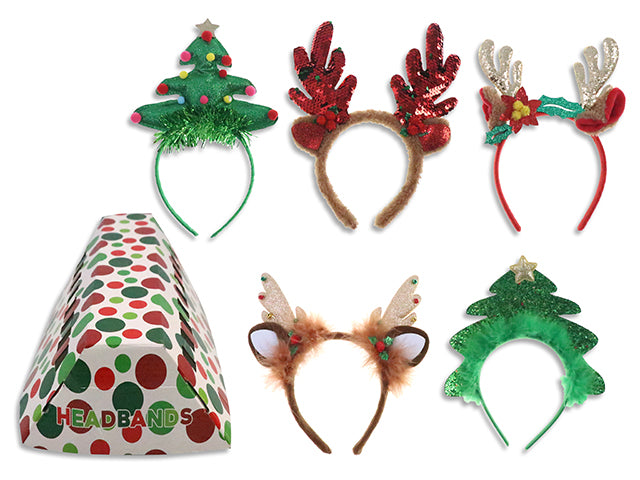 Xmas Adult Headband Assortment. 5 Asst. Incl: 3- Antlers + 2-Trees. 5 Asst.Styles/Dsp. 10/Dsp. Cht.