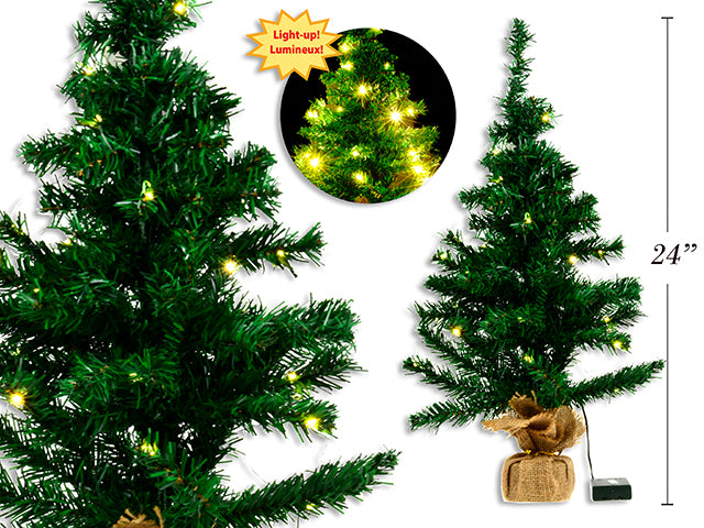 2ft Pre-Lift B/O 25-LED Xmas Green Tree w/Burlap Base. Warm Light. 65 Tips x 1.5cm Tip Width. CBX.