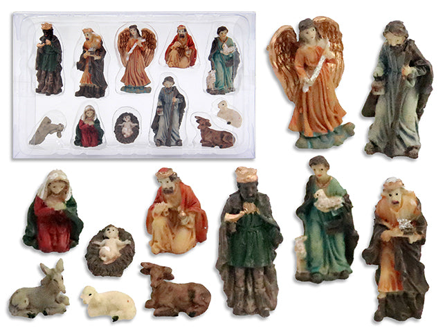 Set/11 2in(H) Polyresin Character Nativity Scene. Clam Shell w/Colour Label.