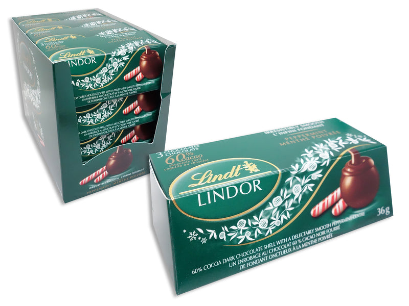 3Pk Lindt 60% Dark Peppermint Chocolate In Dsp. 36G. Colour Box.