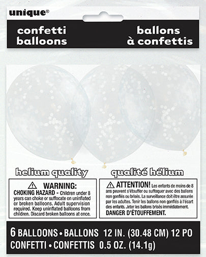 6  Clear Latex Balloons With White Confetti 12"