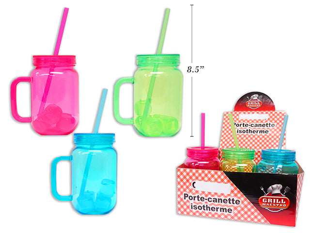 26oz 6.5in Mason Jar Sipper w- 5-Reusable Ice Cubes. 3 Asst Colours: Blue-Green-Pink.