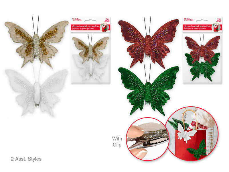 Holiday Decor: 3.6" Glitter Beaded Butterfly 2pc w/Clip Asst 2styles