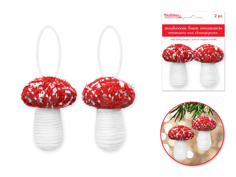 Holiday Decor: 2"x1" Mushroom Yarn Foam Ornament 2ct w/String Hanger