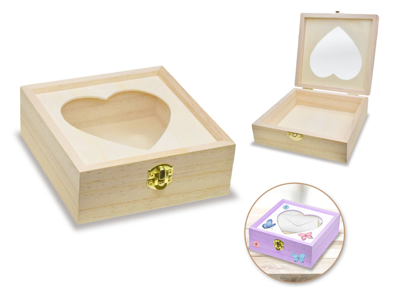 Wood Craft: 5"x5"x2" DIY Keepsake Box w/Window + Gold Clasp A) Heart Window