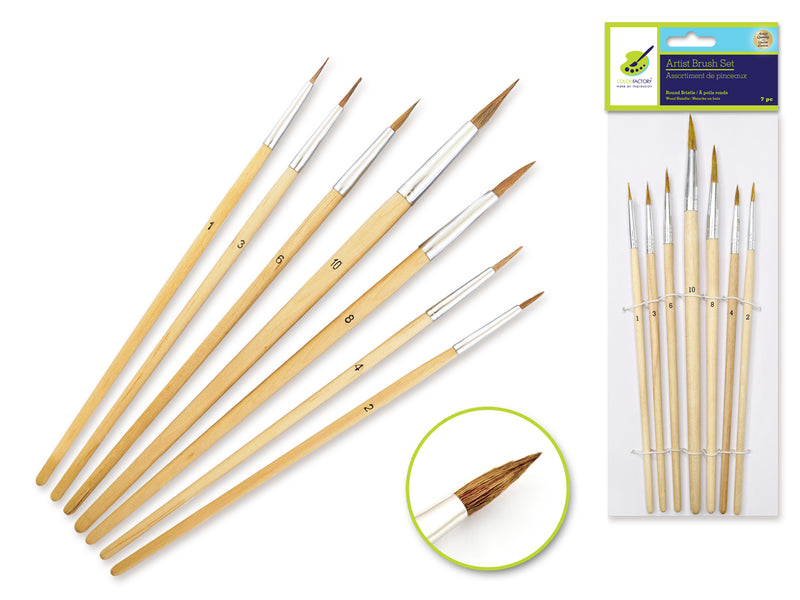 Artist Brush Set: #1-#12 Round Bristle Assorted x7  Wood Handle -