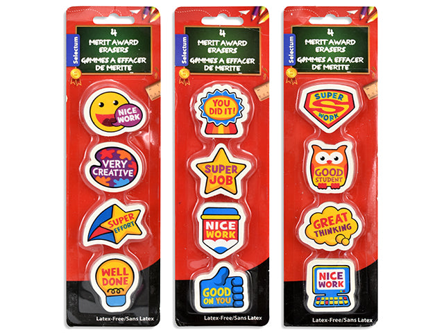 Teachers Merit Award Erasers 4 Card 4 Pack