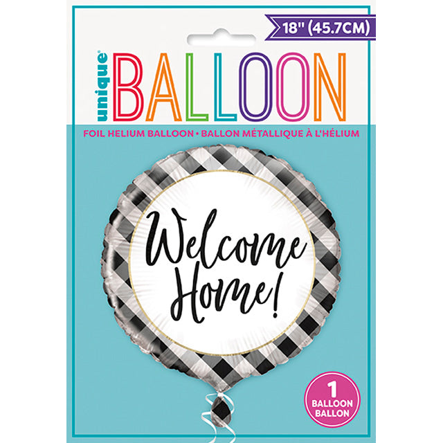 Black Gingham Welcome Home Foil Balloon Packaged