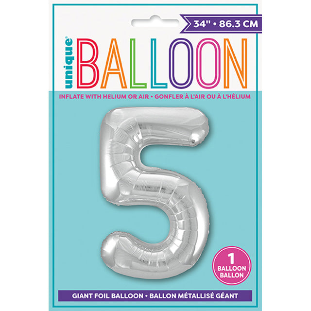 Silver Number 5 Shaped Foil Balloon