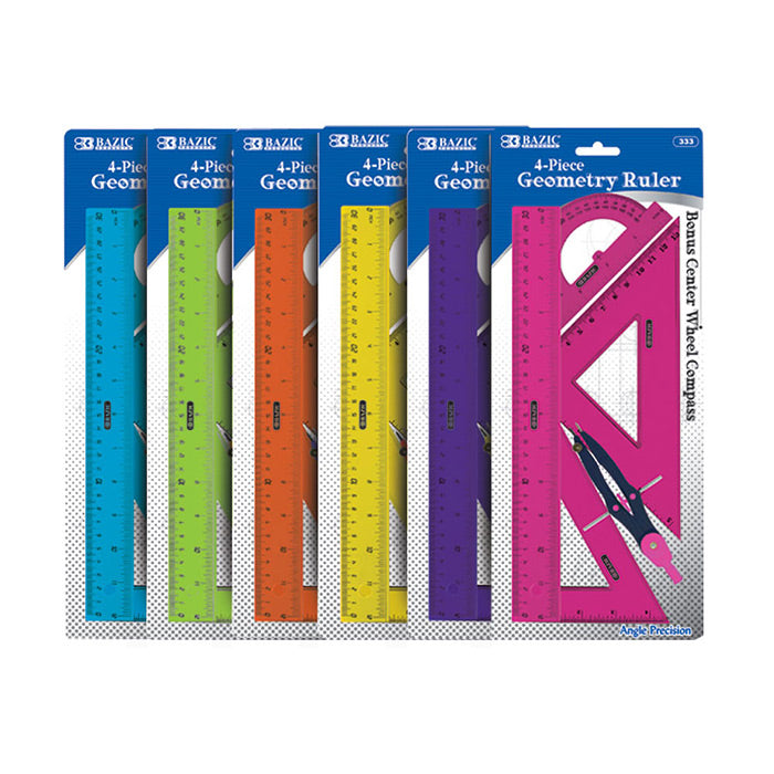 Bazic 4 Piece Geometry Ruler Combination Set With Wheel Compass